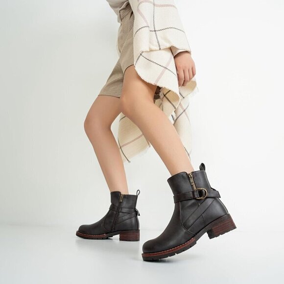 Women's 9682 Brown Ankle Flat Boots Buckle Short Booties for Women's - Picture 2 of 7